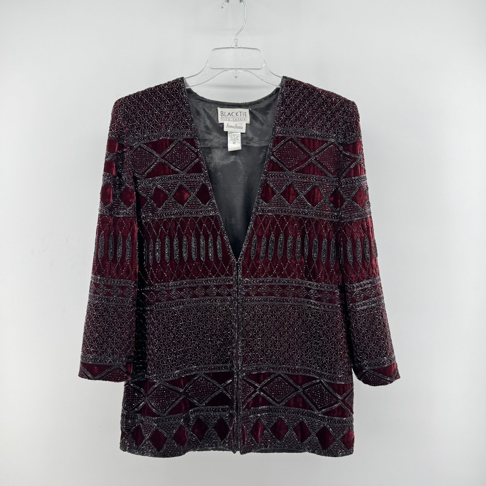 Black Tie Oleg Cassini Jacket Womens M Burgundy Velvet Beaded Geometric Formal